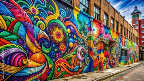 Vibrant colorful graffiti adorns a city street wall, featuring abstract shapes, swirling patterns, and stylized typography, adding urban flair to the metropolitan landscape.