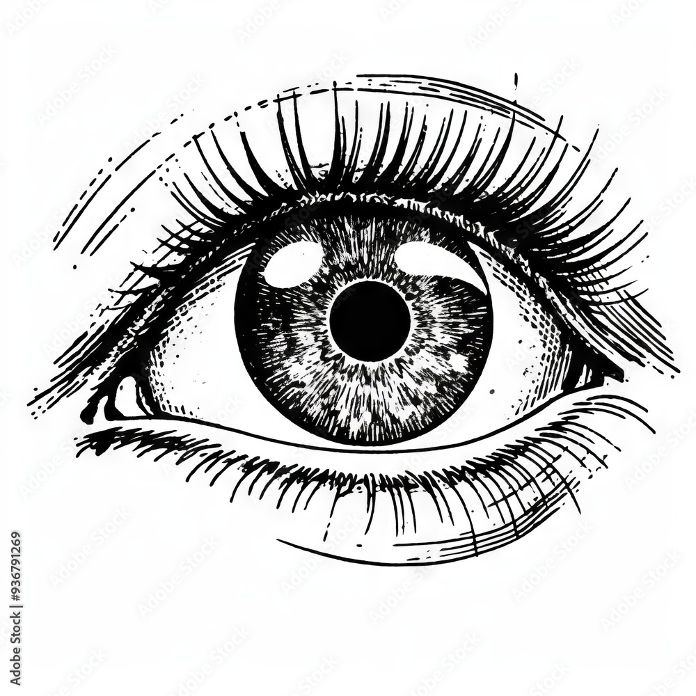 Fototapeta premium Detailed Illustration of a Human Eye in Black and White Line Art Style