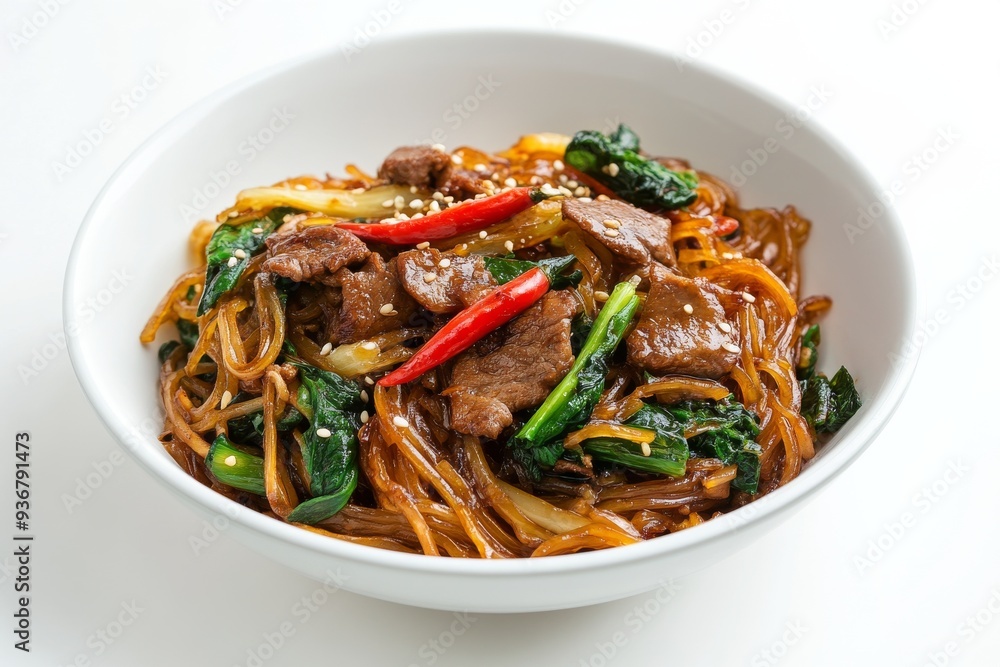 Japchae , A dish made from sweet potato noodles stir-fried with vegetables, meat, and seasoned with soy sauce and sesame oil. Isolated on White Background Japchae , A dish made from sweet potato noodles stir-fried with vegetables, meat, and seasoned with soy sauce and sesame oil. Isolated on White Background