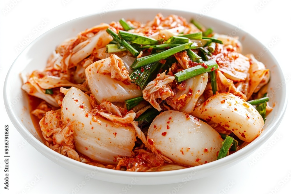 Kimchi , A traditional fermented vegetable dish, typically made with napa cabbage and Korean radishes, seasoned with chili powder, garlic, ginger, and salted seafood. Isolated on White Background Kimchi , A traditional fermented vegetable dish, typically made with napa cabbage and Korean radishes, seasoned with chili powder, garlic, ginger, and salted seafood. Isolated on White Background