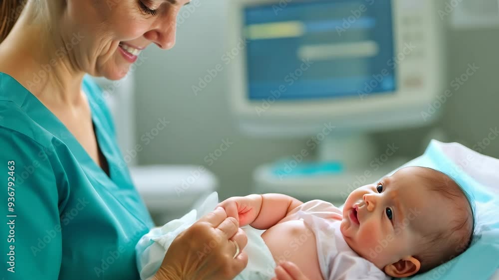 Nurse gently cares for newborn baby in a hospital setting, showcasing compassionate healthcare Nurse gently cares for newborn baby in a hospital setting, showcasing compassionate healthcare