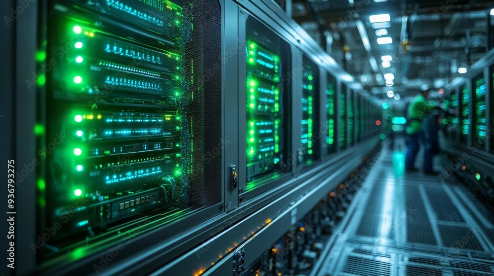 Data center server racks with green lights - generative ai Data center server racks with green lights - generative ai