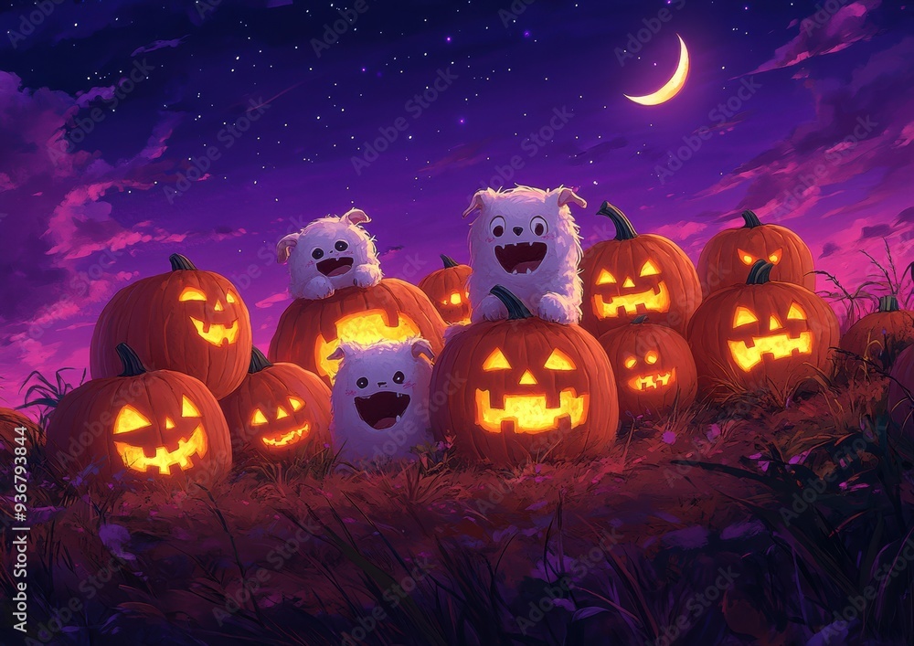 Cute white fluffy creatures celebrating Halloween with illuminated carved pumpkins under a crescent moon in a purple night sky Cute white fluffy creatures celebrating Halloween with illuminated carved pumpkins under a crescent moon in a purple night sky