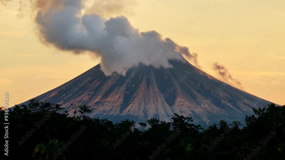 Fuego volcano erupts at sunset with spectacular lava flow and ash clouds