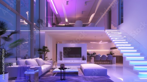 Modern Living Room with a View and Purple Lighting