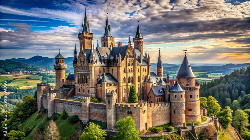 Fototapeta premium Medieval castle stands tall with towering spires reaching the sky, adorned with intricate carvings that tell tales of history and mythology.