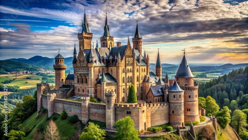 Wallpaper Mural Medieval castle stands tall with towering spires reaching the sky, adorned with intricate carvings that tell tales of history and mythology. Torontodigital.ca