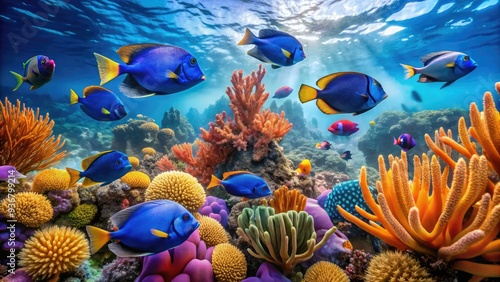 Vibrant coral reef teems with life as schools of blue tang and angelfish dart amongst sea fans and colorful sea anemones in crystal-clear Caribbean waters. photo