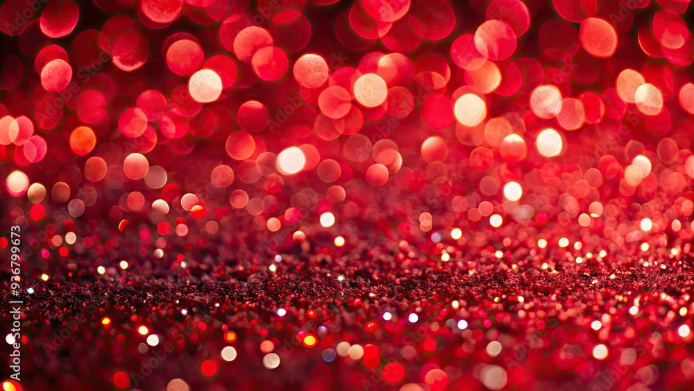 Vibrant crimson red decorative sequins scattered against a mesmerizing background of shiny bokeh lights, created by small reflective elements that catch and shimmer in the light. Vibrant crimson red decorative sequins scattered against a mesmerizing background of shiny bokeh lights, created by small reflective elements that catch and shimmer in the light.