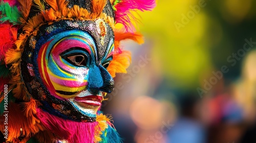 A beautifully crafted traditional mask adorned with vivid colors and feathers captures attention during a lively cultural event