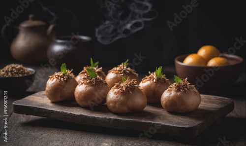 Six golden-brown buns topped with shredded coconut and a sprig of parsley sit on a wooden cutting board