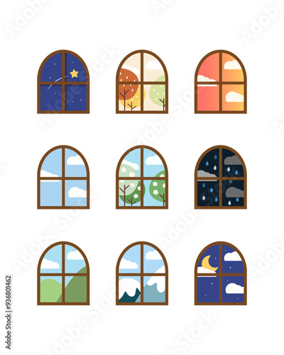 Different natural landscape, weather, season window frame set. Spring, summer, autumn and winter. Window with star, flower, tree, clouds, mountain, raindrop. Flat modern vector design illustration.