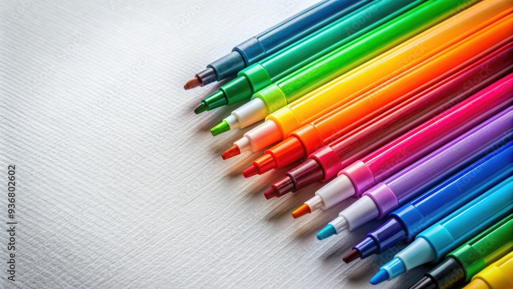 Vibrant drawing markers arranged on a pristine white paper background, waiting to unleash creativity, with subtle shadows and textures, against a neutral backdrop. Vibrant drawing markers arranged on a pristine white paper background, waiting to unleash creativity, with subtle shadows and textures, against a neutral backdrop.
