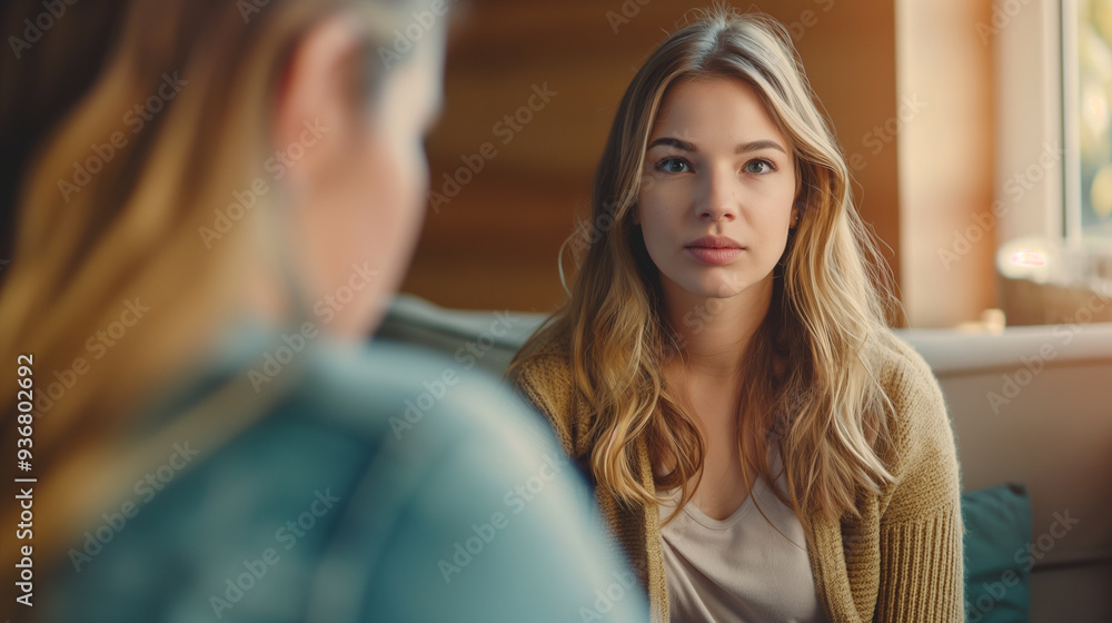 Fototapeta premium Therapy Session: A woman in a therapy session, engaging in a conversation with a counselor, with copy space