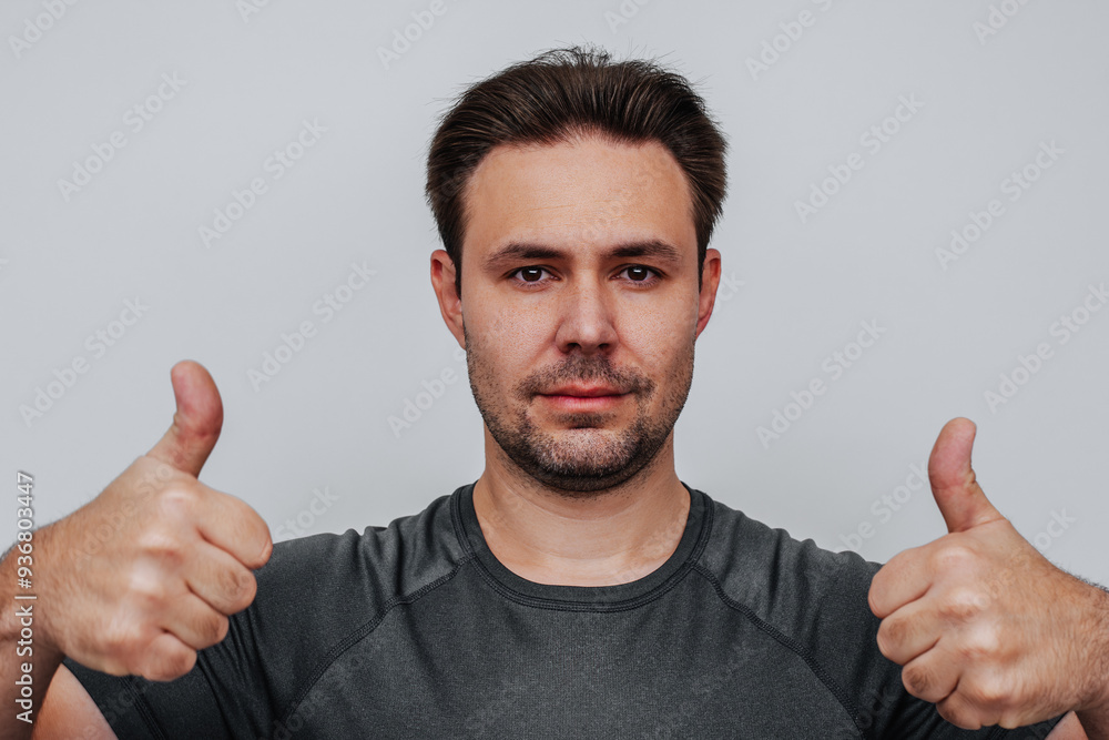 Man portrait showing thumbs up on white wall background Man portrait showing thumbs up on white wall background