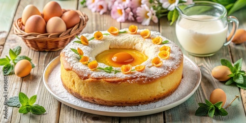 Vibrant Easter dessert featuring traditional German Spiegeleierkuchen, a rich fried egg cake, paired with sweet apricot and creamy coconut milk pudding, a festive holiday treat. photo