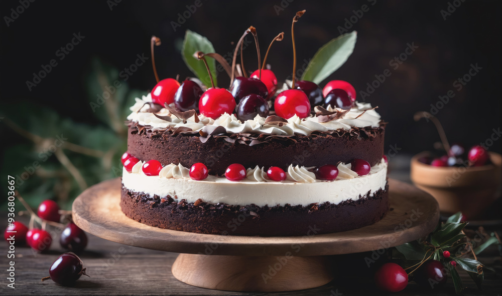 A two-tiered chocolate cake is decorated with whipped cream and fresh cherries A two-tiered chocolate cake is decorated with whipped cream and fresh cherries