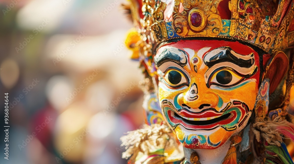 Fototapeta premium A traditional mask adorned with bright colors and detailed patterns captures attention at a lively cultural festival