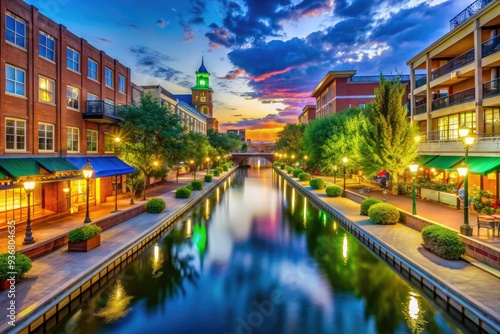 Vibrant evening scene in Bricktown entertainment district, downtown Oklahoma City, featuring the tranquil navigable canal lined with restaurants, bars, and vibrant city lights. photo