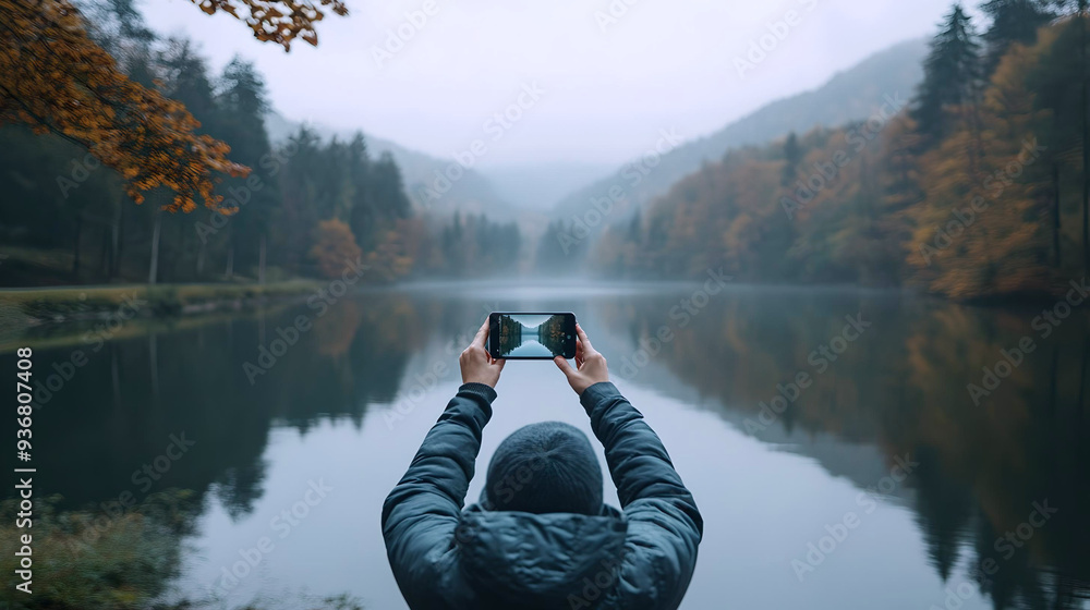 A person in a jacket taking a photo of a serene lake surrounded by misty mountains, capturing the beauty of nature on a smartphone.
A person in a jacket taking a photo of a serene lake surrounded by misty mountains, capturing the beauty of nature on a smartphone.