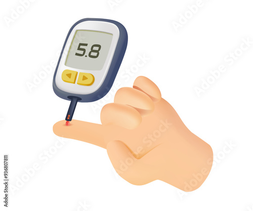 Character with Diabetes Monitor Glucose Levels By Using Glucose Meters in 3D style. Glucometer Manage Their Condition And Make Informed Decisions Regarding the Health. Cartoon hands 3D Vector