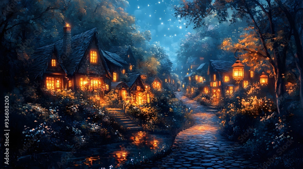 A sleepy village illuminated by lanterns, warm light spilling onto cobbled streets, oil painting technique, atmospheric brushstrokes, tranquil night. A sleepy village illuminated by lanterns, warm light spilling onto cobbled streets, oil painting technique, atmospheric brushstrokes, tranquil night.