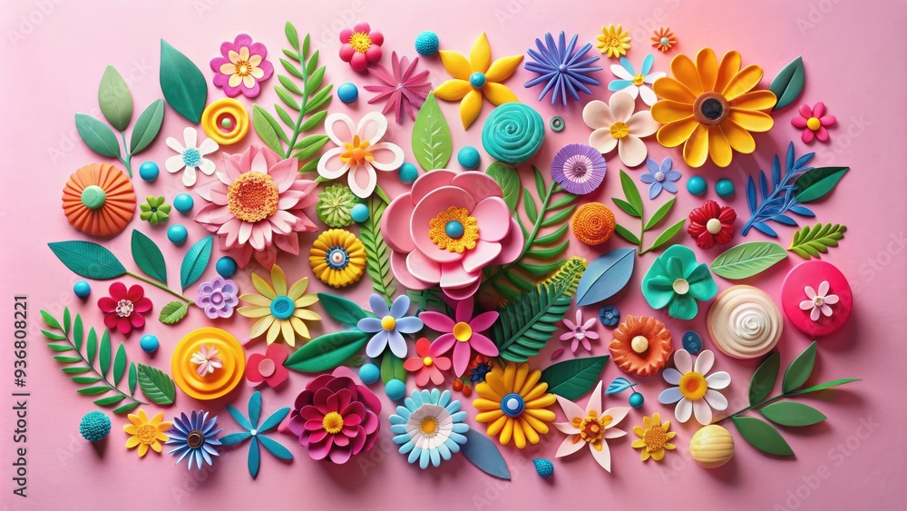Vibrant floral cut-outs in various shapes and sizes scattered on a pastel pink background, creating a playful and whimsical collage with a mix of bright colors. Vibrant floral cut-outs in various shapes and sizes scattered on a pastel pink background, creating a playful and whimsical collage with a mix of bright colors.