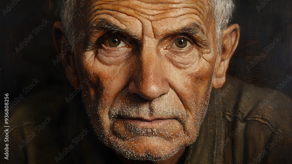 Portrait of an old man, intense focus on the details of his wrinkles, oil painting technique, heavy brushstrokes, soft lighting, and earthy tones. Portrait of an old man, intense focus on the details of his wrinkles, oil painting technique, heavy brushstrokes, soft lighting, and earthy tones.