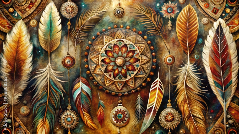 custom made wallpaper toronto digitalRich, earthy watercolors blend with mystical feathers, weaving a tapestry of ancient myths and spiritual significance.