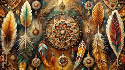 Wallpaper Mural Rich, earthy watercolors blend with mystical feathers, weaving a tapestry of ancient myths and spiritual significance. Torontodigital.ca