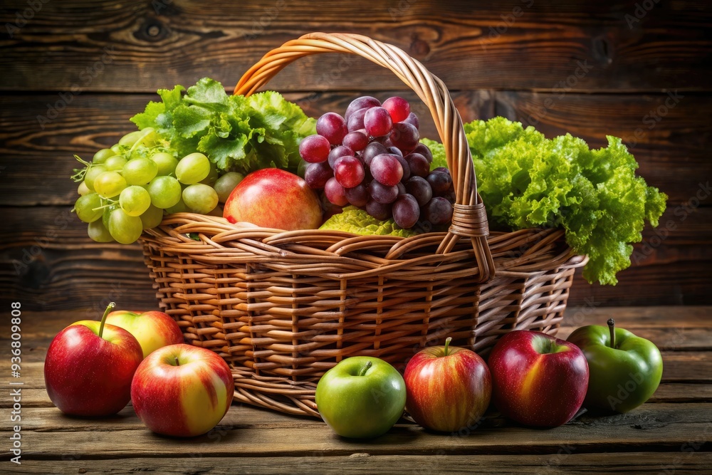 Vibrant fresh produce, including crisp lettuce, juicy apples, and plump grapes, overflow from a wicker basket and spill onto a rustic wooden table. Vibrant fresh produce, including crisp lettuce, juicy apples, and plump grapes, overflow from a wicker basket and spill onto a rustic wooden table.
