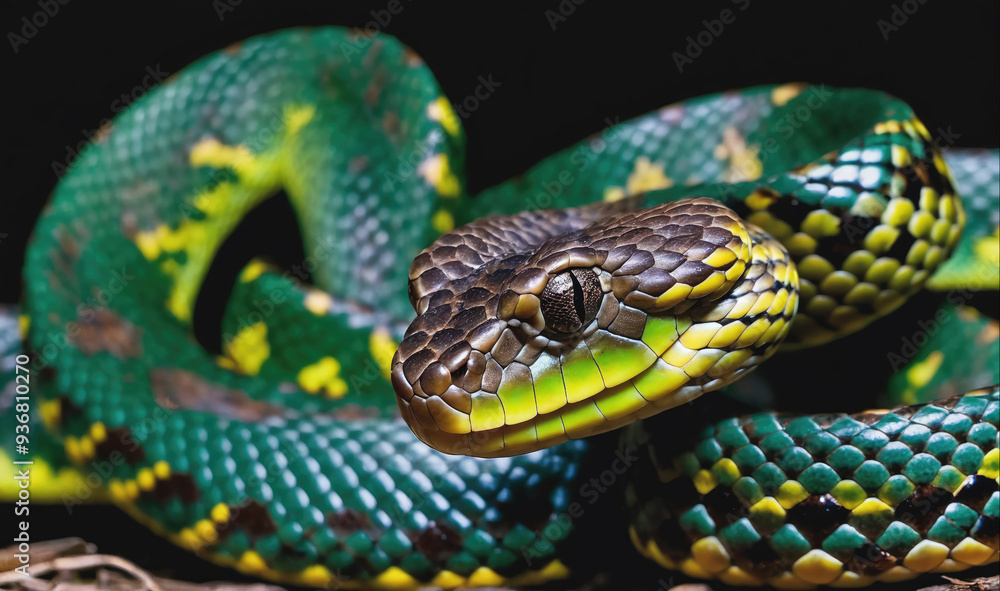 Obraz premium A green and yellow snake with black markings coils around a branch in the forest
