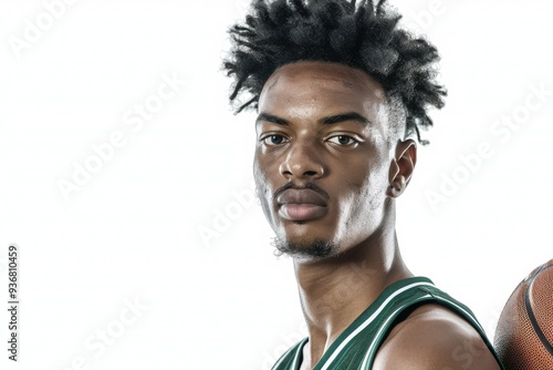 Close-Up Portrait of Pensive Man in Focus Amidst Fellow Athletes Wearing Bright Orange Jerseys on a Basketball Court BenchPensive. Beautiful simple AI generated image photo