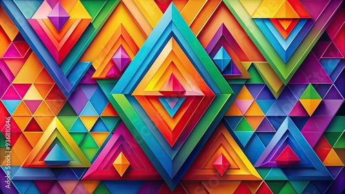 Vibrant geometric composition featuring layered triangular shapes in bold colors, overlapping and intersecting to create a dynamic, abstract, and visually striking modern design element.