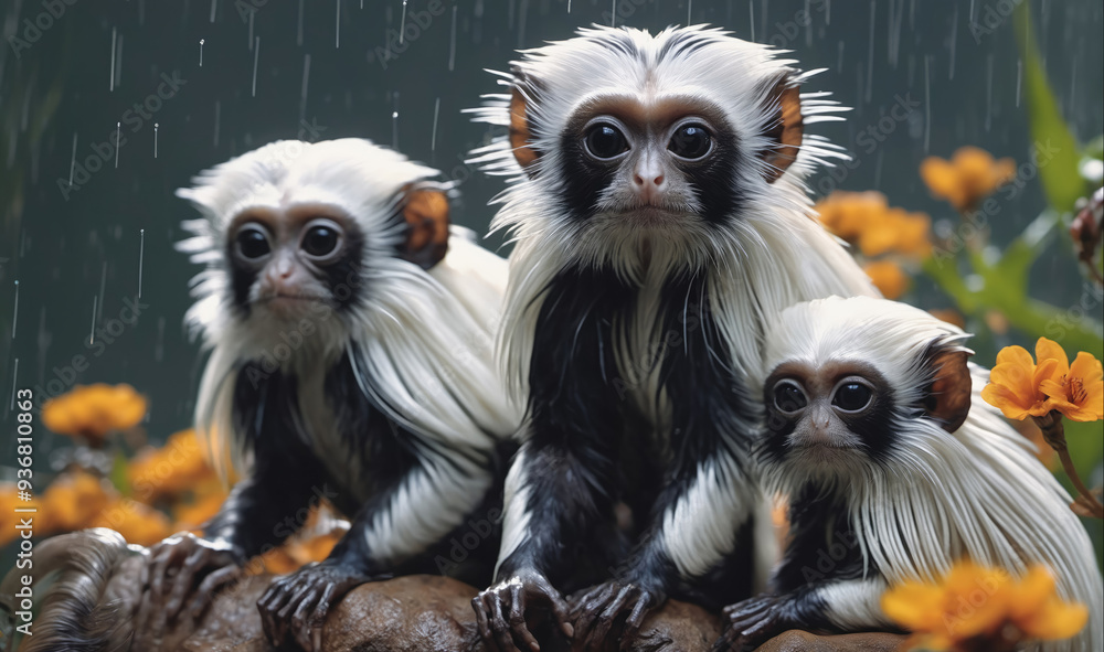 Three cotton-top tamarins sit together in the rain Three cotton-top tamarins sit together in the rain