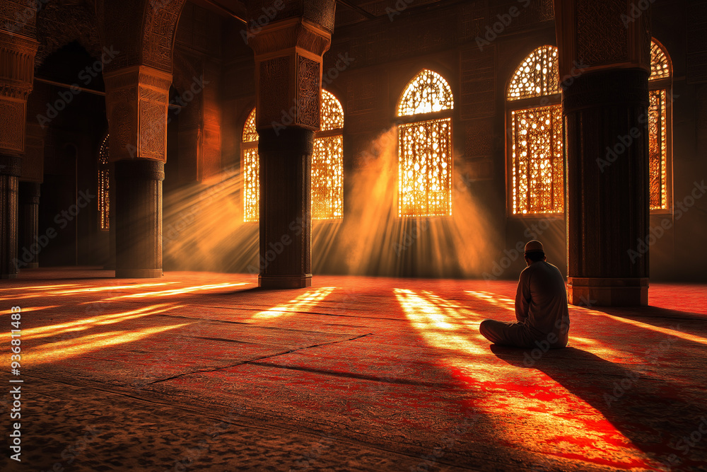 pious muslim man prays in mosque, generative AI