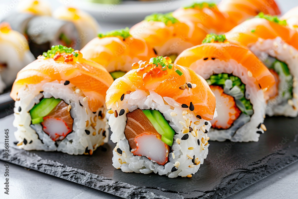 Sushi Rolls with Fresh Salmon and Vegetables. Delicious Sushi Food Presentation on Black Slate Plate. Japanese Cuisine and Culinary Art Sushi Rolls with Fresh Salmon and Vegetables. Delicious Sushi Food Presentation on Black Slate Plate. Japanese Cuisine and Culinary Art