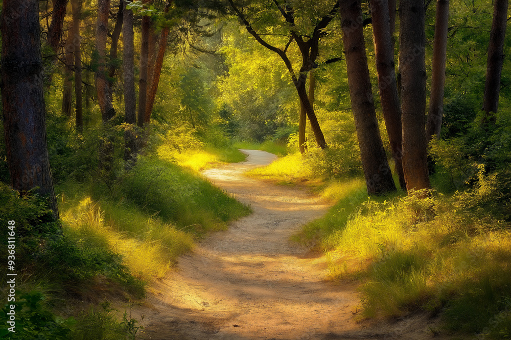 Obraz premium forest sand road in beautiful green forest in summer, generative AI