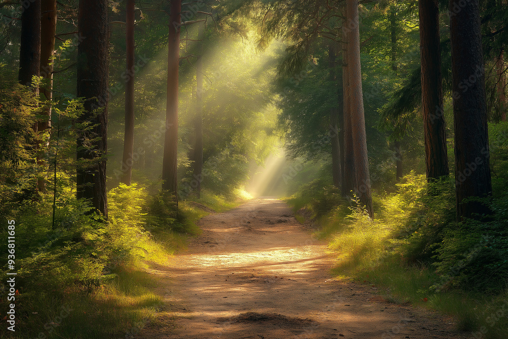 Naklejka premium forest sand road in beautiful green forest in summer, generative AI