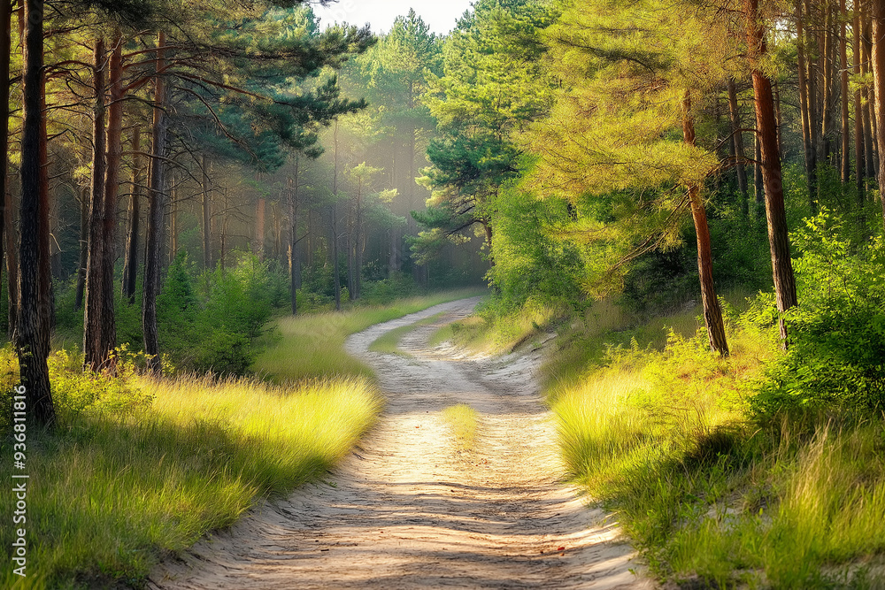 forest sand road in beautiful green forest in summer, generative AI forest sand road in beautiful green forest in summer, generative AI