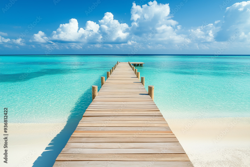 light wooden jetty on a beautiful clear turquoise ocean on a beach in the Maldives, wallpaper, generative AI light wooden jetty on a beautiful clear turquoise ocean on a beach in the Maldives, wallpaper, generative AI