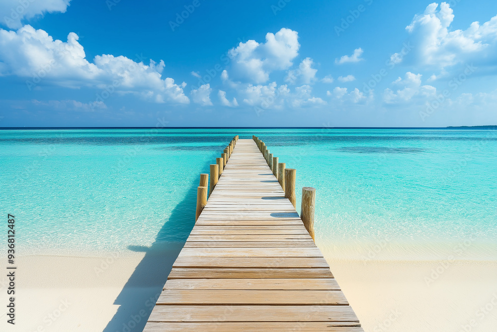 Obraz premium light wooden jetty on a beautiful clear turquoise ocean on a beach in the Maldives, wallpaper, generative AI