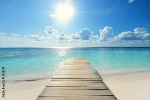 light wooden jetty on a beautiful clear turquoise ocean on a beach in the Maldives, wallpaper, generative AI