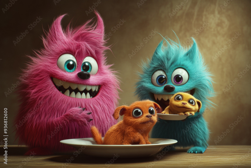 Furry Colorful Monsters with Cute Puppies Furry Colorful Monsters with Cute Puppies