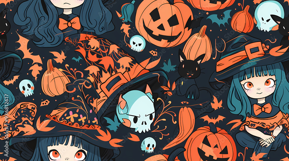 Halloween Witch Design Seamless Tile Pattern in Anime Manga Art Halloween Witch Design Seamless Tile Pattern in Anime Manga Art