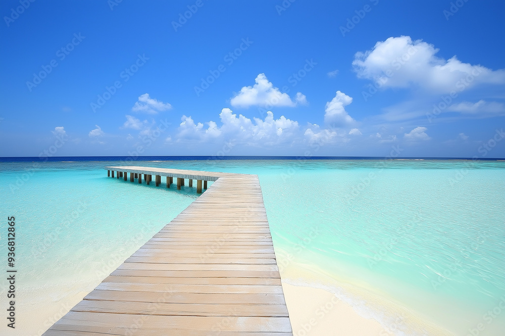 light wooden jetty on a beautiful clear turquoise ocean on a beach in the Maldives, wallpaper, generative AI light wooden jetty on a beautiful clear turquoise ocean on a beach in the Maldives, wallpaper, generative AI
