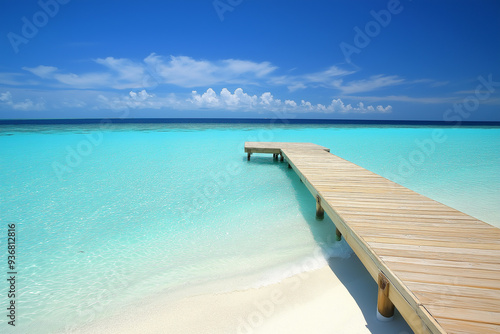 light wooden jetty on a beautiful clear turquoise ocean on a beach in the Maldives, wallpaper, generative AI