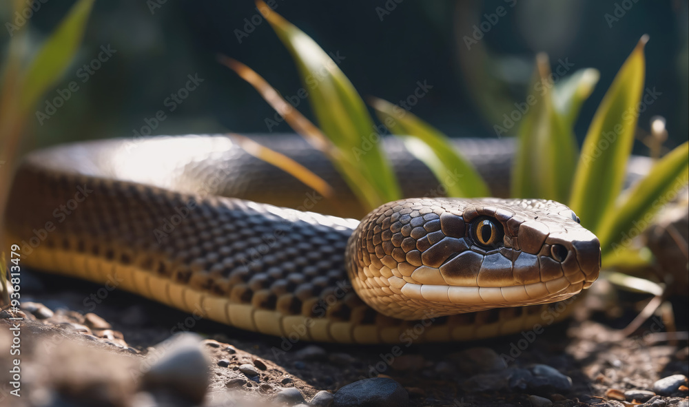 Obraz premium A snake with brown and black scales looks directly at the camera in the middle of a forest