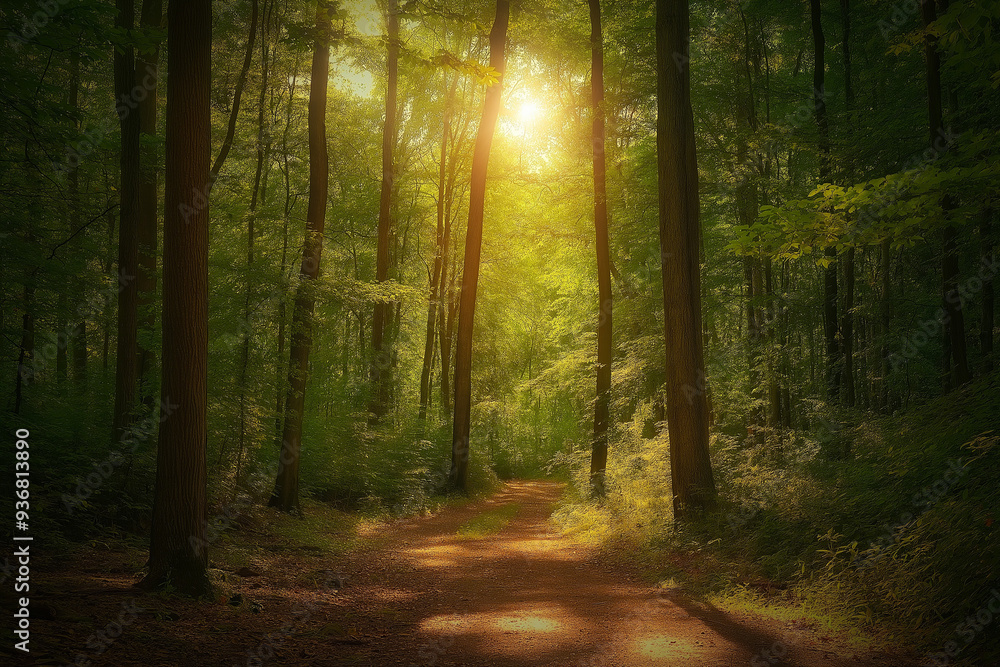 Obraz premium beautiful green forest on a beautiful sunny day, generative AI