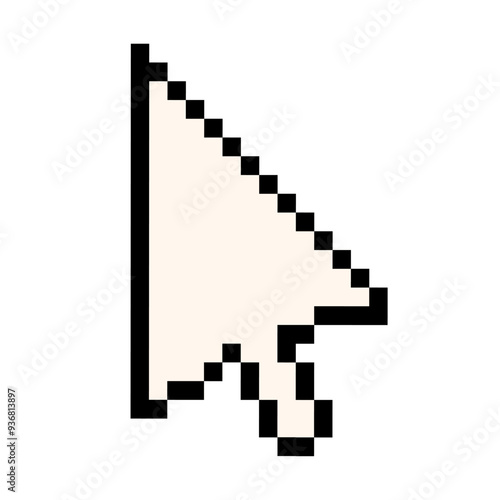 Pointer with an arrow in an 8-bit pixel art style. The cursor of a computer mouse. Isolated on a white background. Hand pointer. Old style. 80s,90s video game object design.